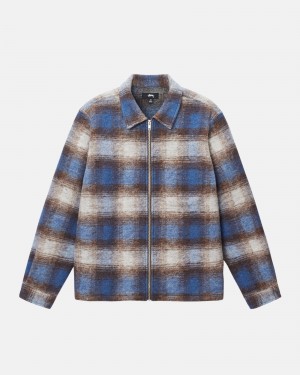 Stüssy Brushed Wol Plaid Zip Shirt Long Sleeve Shirt Unisex Blauw | BV35-D5-RK