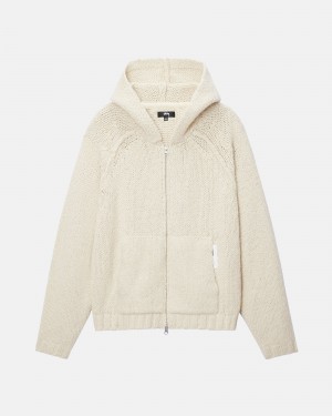 Stüssy Chunky Knit Zip Hoodie Long Sleeve Sweater Unisex Ivory | HI50-T1-VS