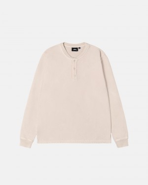 Stüssy Open Hem Henley Fleece Long Sleeve Sweatshirt Unisex Natural | FM11-S0-QJ