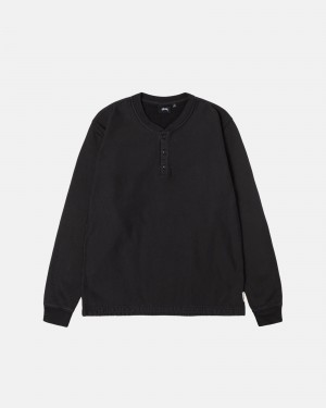 Stüssy Open Hem Henley Fleece Long Sleeve Sweatshirt Unisex Zwart | XO56-C7-HI