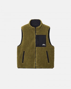 Stüssy Sherpa Reversible Vest Sleeveless Sweatshirt Unisex Olijfgroen | LC41-H8-XK