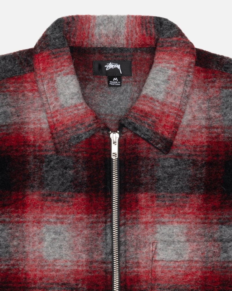 Stüssy Brushed Wol Plaid Zip Shirt Long Sleeve Shirt Unisex Rood | VU89-A1-LV