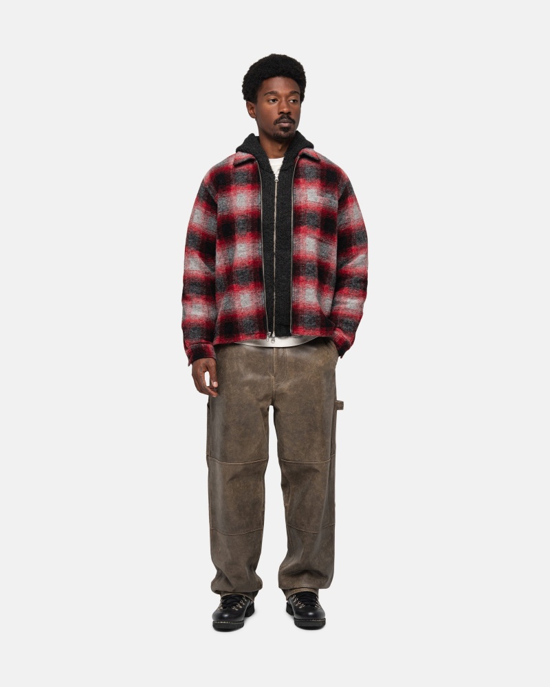 Stüssy Brushed Wol Plaid Zip Shirt Long Sleeve Shirt Unisex Rood | VU89-A1-LV