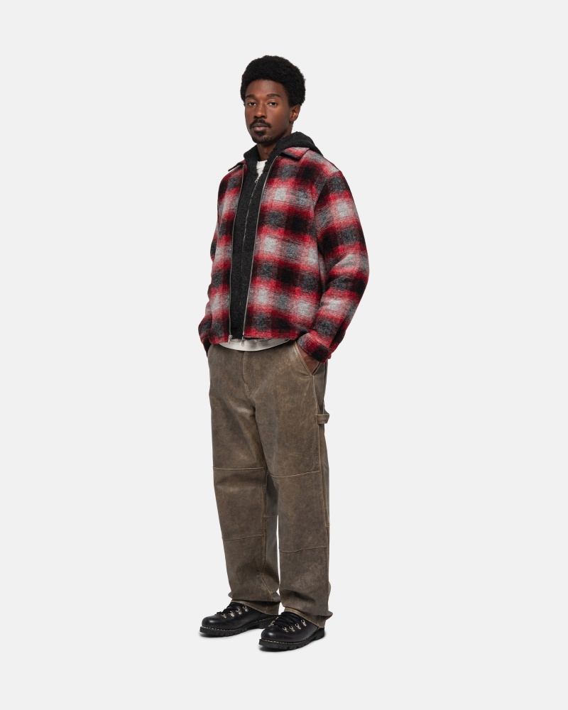 Stüssy Brushed Wol Plaid Zip Shirt Long Sleeve Shirt Unisex Rood | VU89-A1-LV