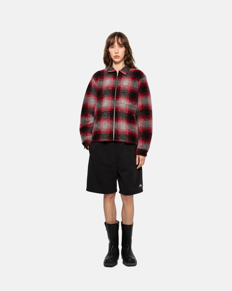 Stüssy Brushed Wol Plaid Zip Shirt Long Sleeve Shirt Unisex Rood | VU89-A1-LV