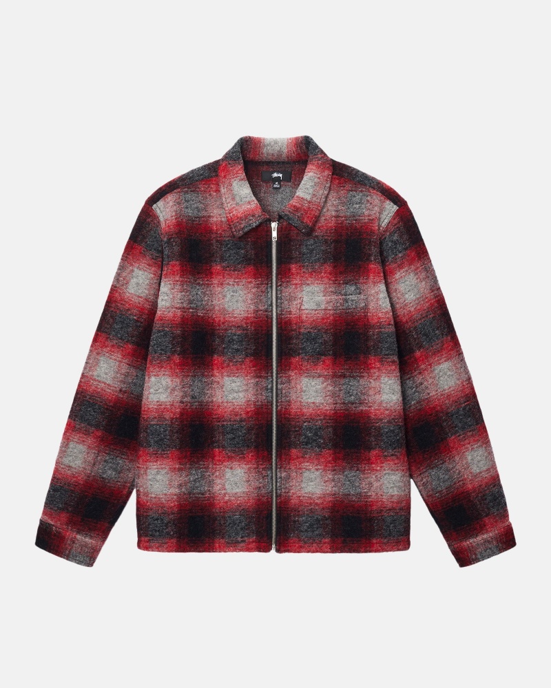 Stüssy Brushed Wol Plaid Zip Shirt Long Sleeve Shirt Unisex Rood | VU89-A1-LV