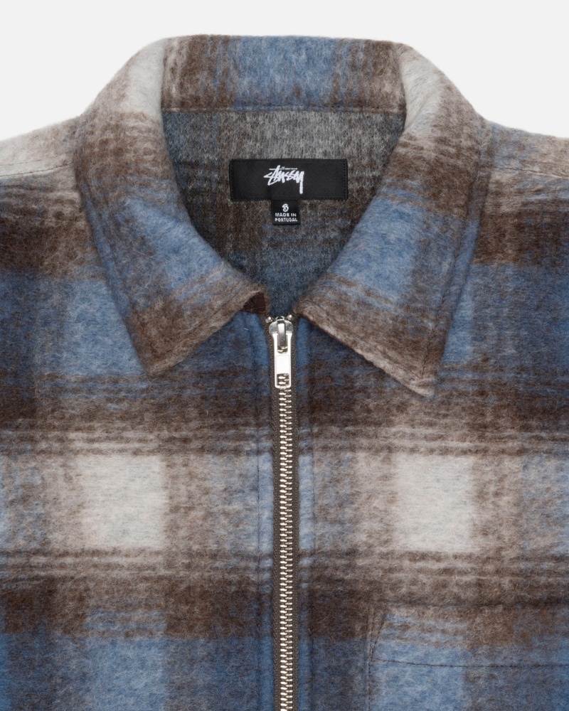 Stüssy Brushed Wol Plaid Zip Shirt Long Sleeve Shirt Unisex Blauw | BV35-D5-RK