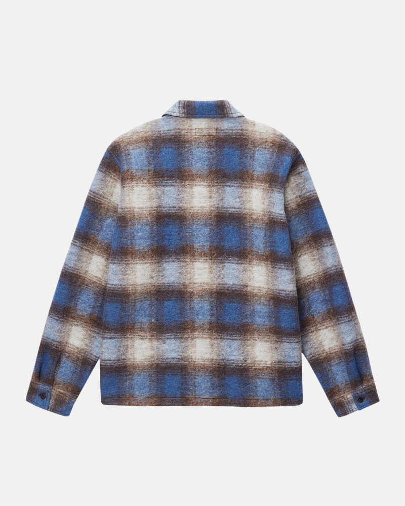 Stüssy Brushed Wol Plaid Zip Shirt Long Sleeve Shirt Unisex Blauw | BV35-D5-RK