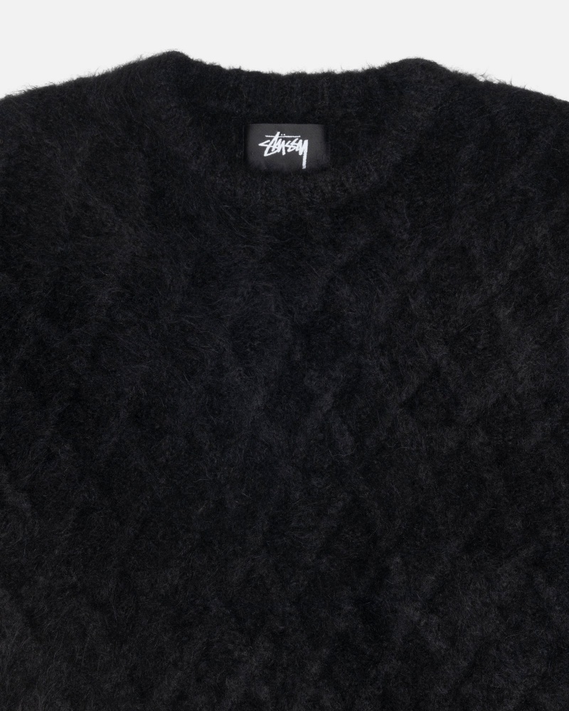 Stüssy Fuzzy Lattice Crew Trui Long Sleeve Sweater Unisex Zwart | PY77-H8-YH