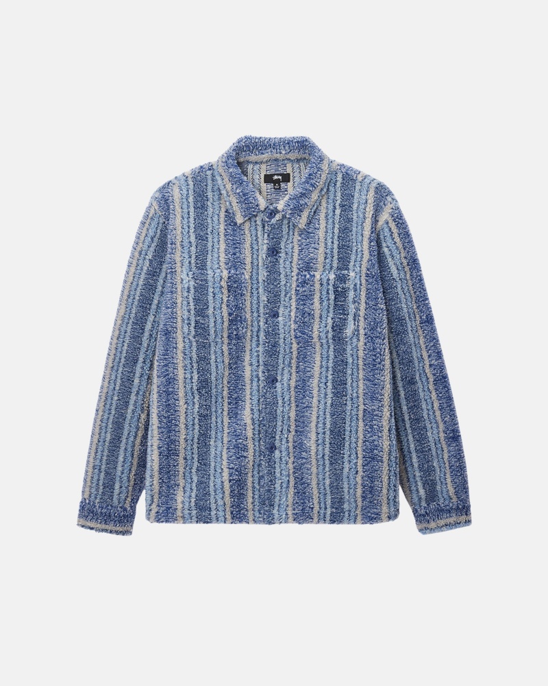 Stüssy Gestreept Sherpa Shirt Long Sleeve Shirt Unisex Indigo | VL61-D9-WG