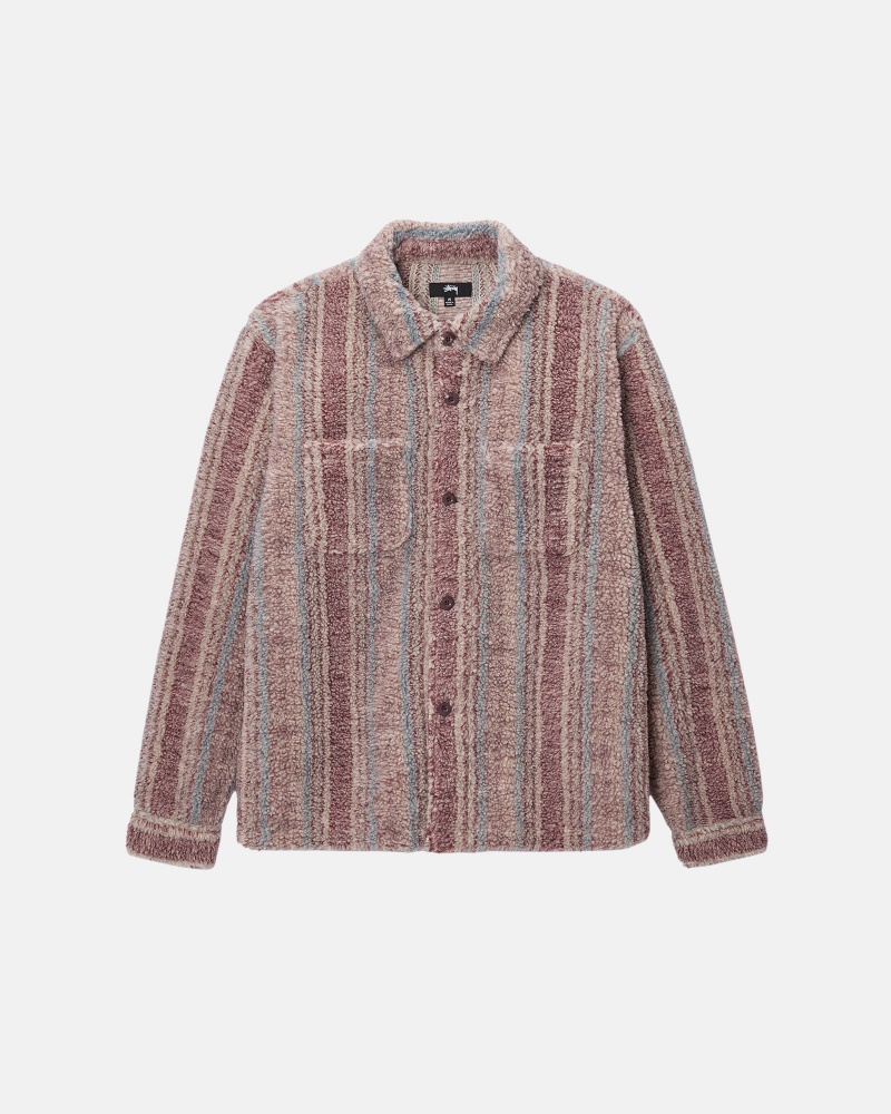 Stüssy Gestreept Sherpa Shirt Long Sleeve Shirt Unisex Berry | HK22-D6-EF