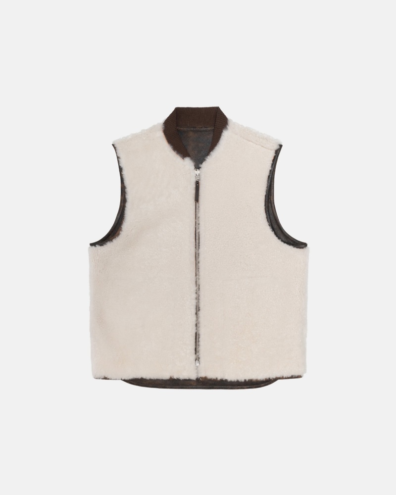 Stüssy Reversible Shearling Workgear Vest Sleeveless Outerwear Unisex Bruin | DO78-R5-LL