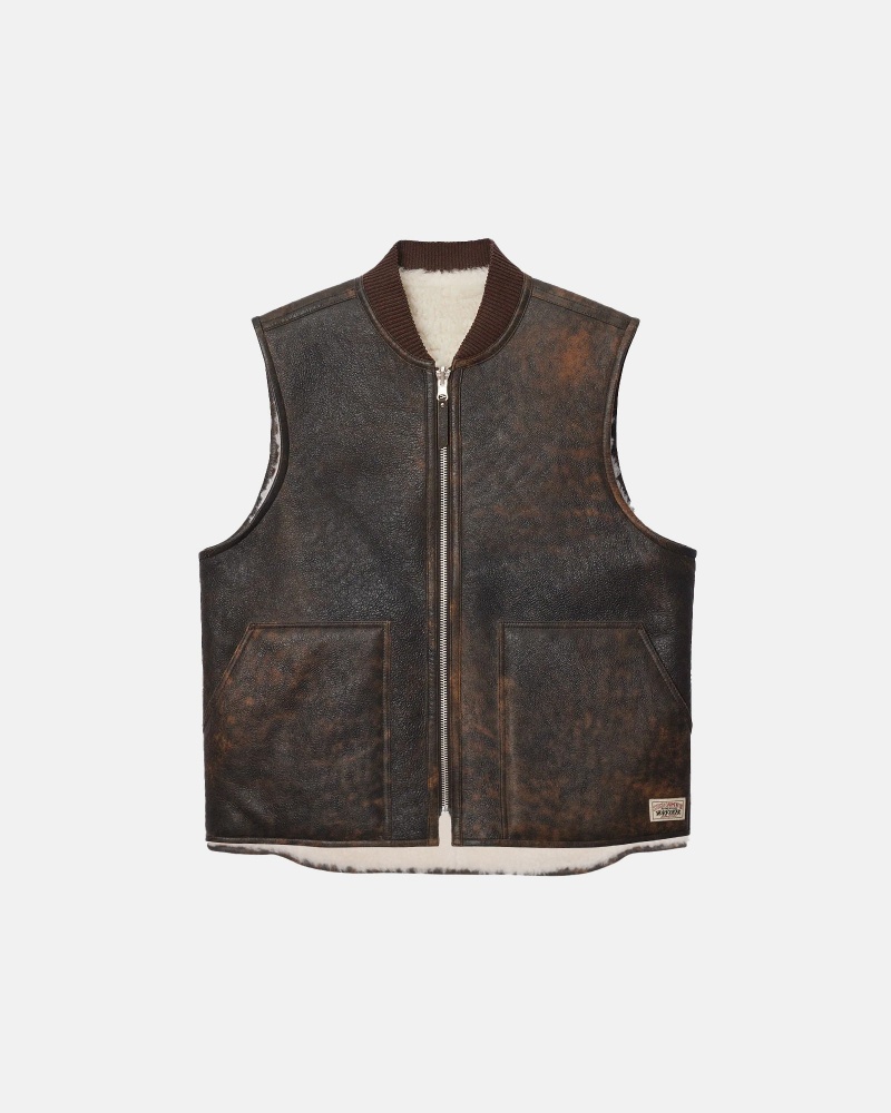 Stüssy Reversible Shearling Workgear Vest Sleeveless Outerwear Unisex Bruin | DO78-R5-LL