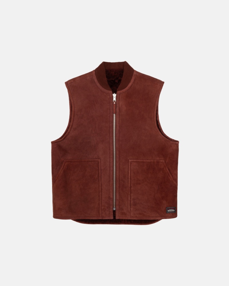 Stüssy Reversible Shearling Workgear Vest Sleeveless Outerwear Unisex Bordeaux | VM61-Z7-HY