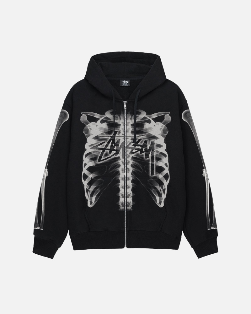 Stüssy Rib Cage Zip Hood Long Sleeve Sweatshirt Unisex Zwart Wit | FH47-B5-IF