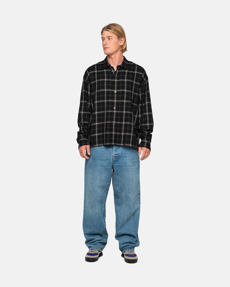 Stüssy Shadow Plaid Rayon Shirt Long Sleeve Shirt Unisex Zwart | GU68-D3-ZS