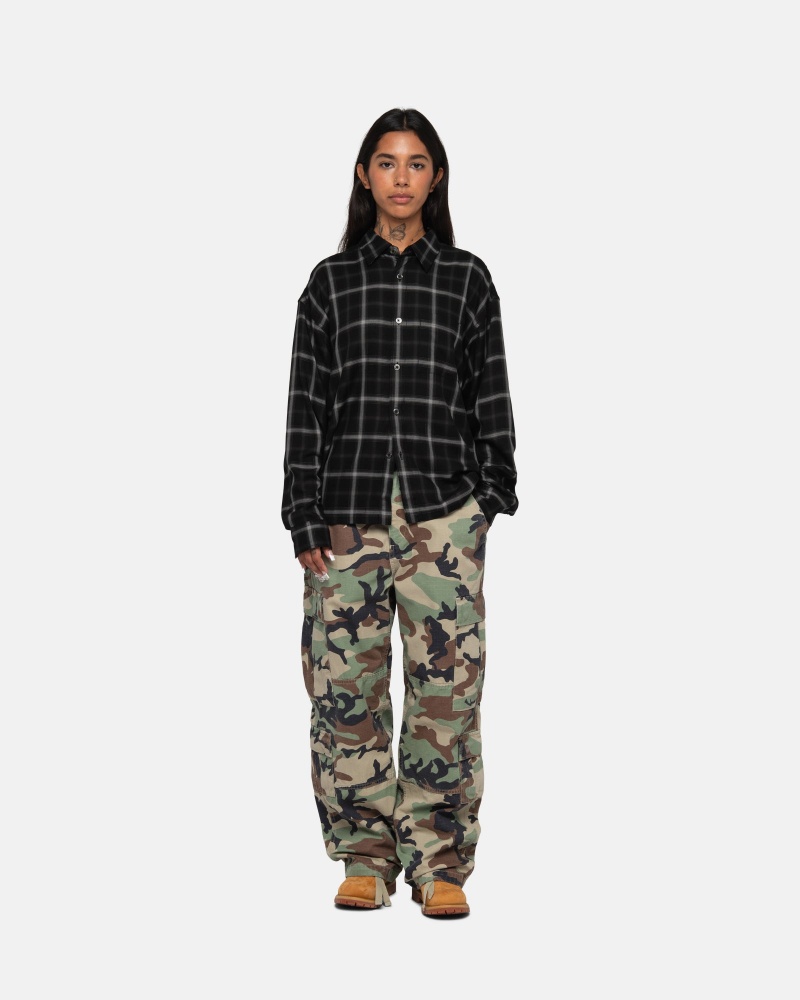 Stüssy Shadow Plaid Rayon Shirt Long Sleeve Shirt Unisex Zwart | GU68-D3-ZS