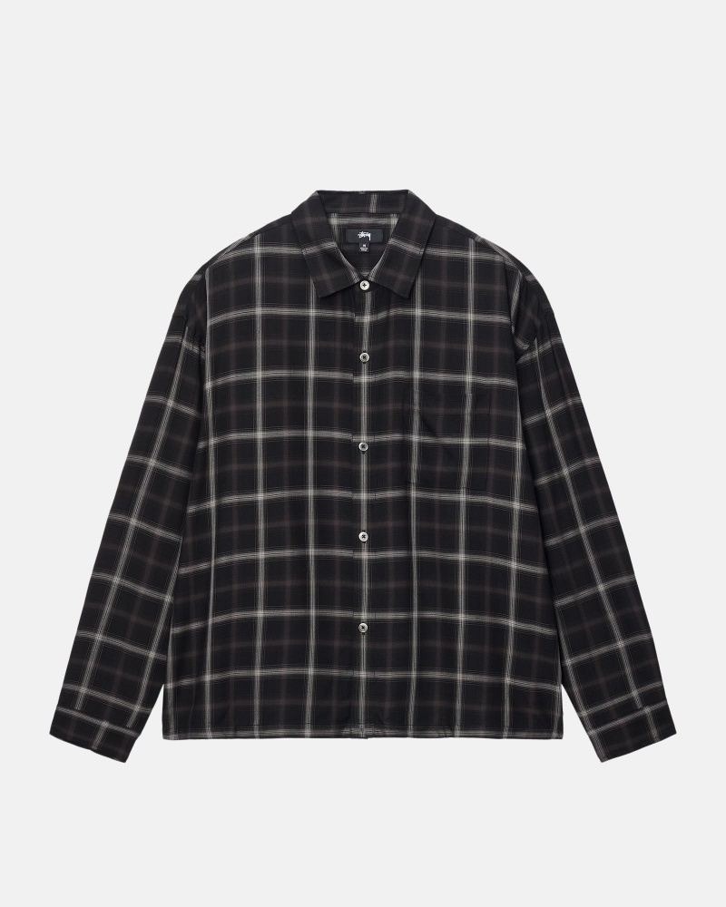 Stüssy Shadow Plaid Rayon Shirt Long Sleeve Shirt Unisex Zwart | GU68-D3-ZS