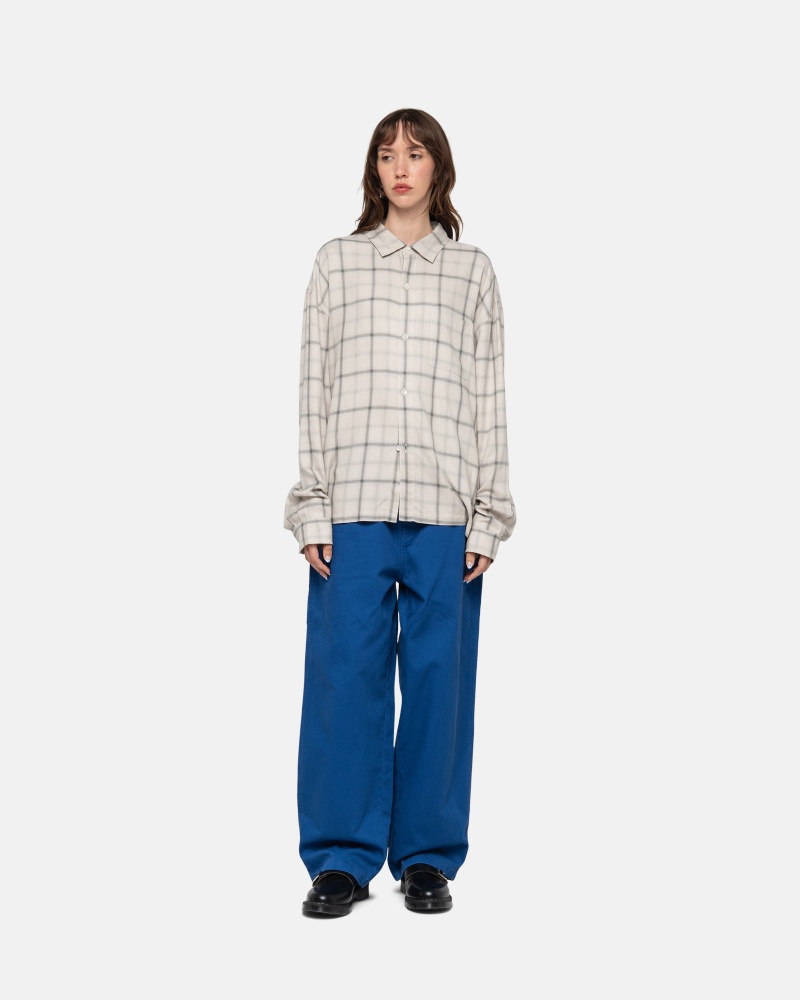 Stüssy Shadow Plaid Rayon Shirt Long Sleeve Shirt Unisex Natural | DT43-I8-ZW