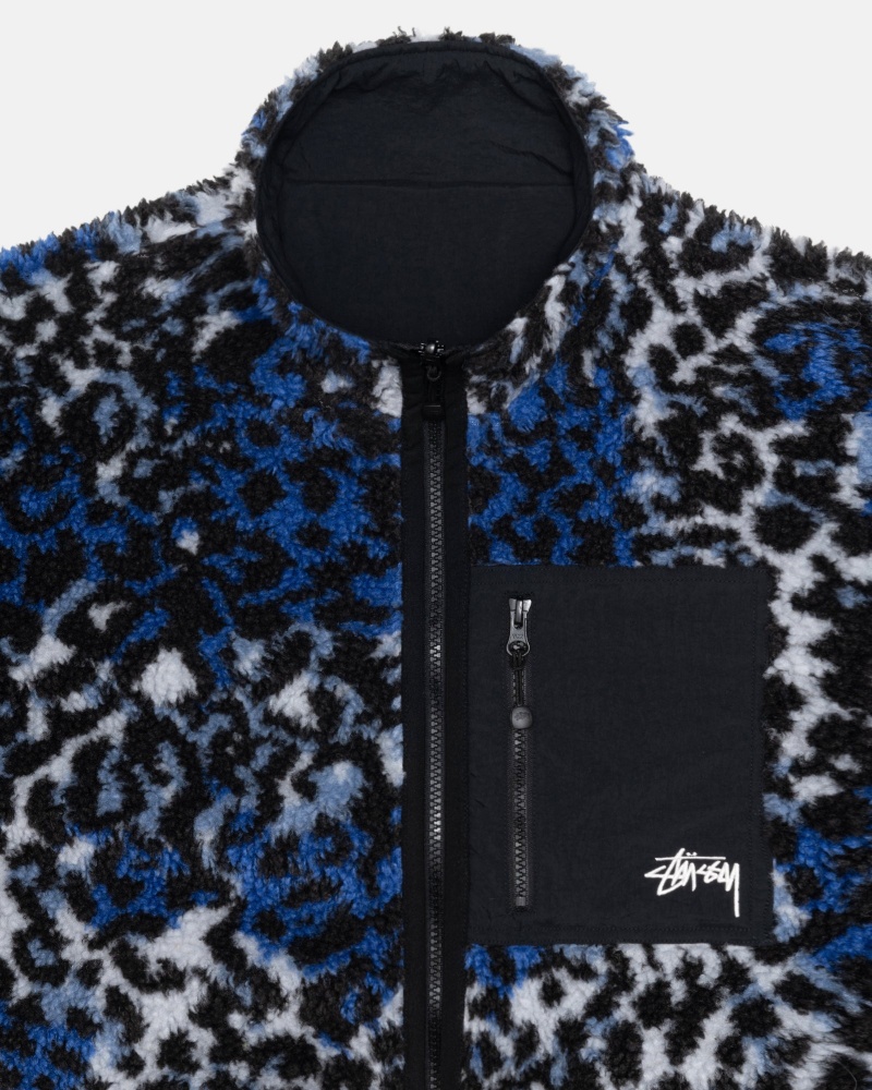 Stüssy Sherpa Reversible Jacket Long Sleeve Sweatshirt Unisex Blauw Leopard | KR64-W0-NU