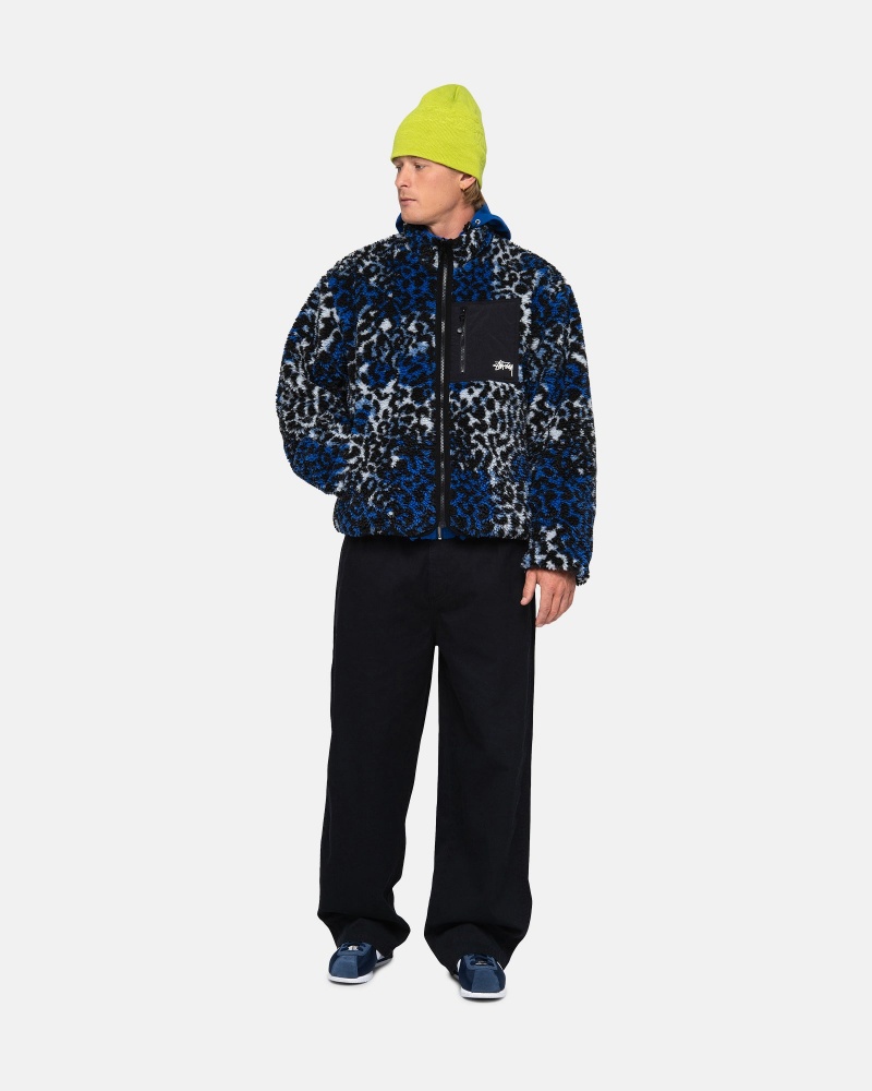 Stüssy Sherpa Reversible Jacket Long Sleeve Sweatshirt Unisex Blauw Leopard | KR64-W0-NU