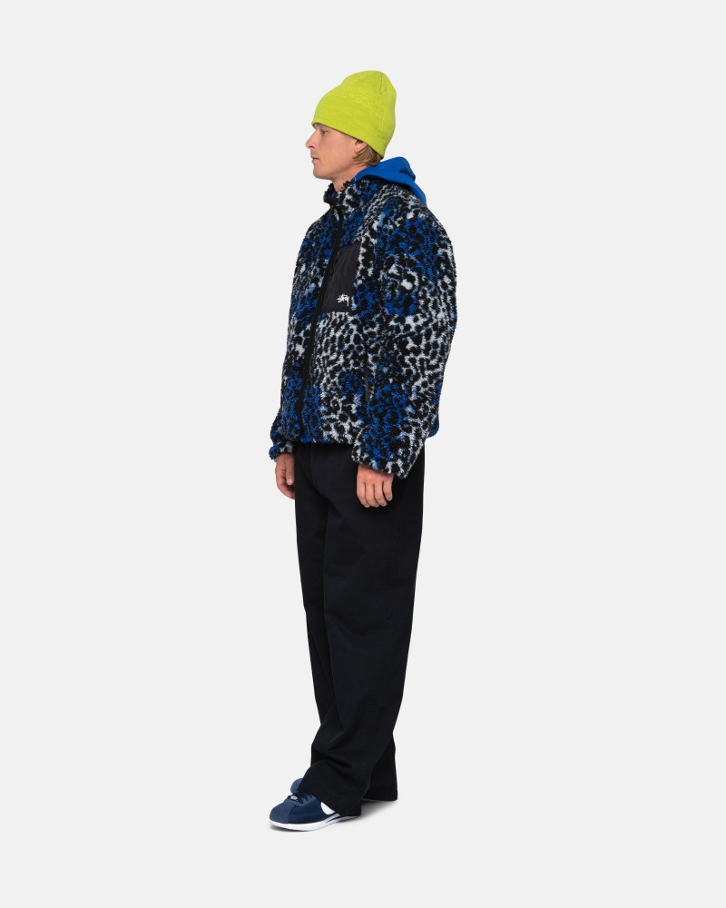 Stüssy Sherpa Reversible Jacket Long Sleeve Sweatshirt Unisex Blauw Leopard | KR64-W0-NU