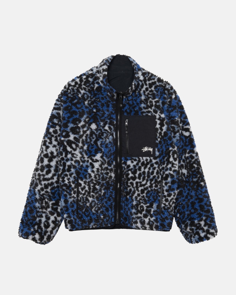 Stüssy Sherpa Reversible Jacket Long Sleeve Sweatshirt Unisex Blauw Leopard | KR64-W0-NU