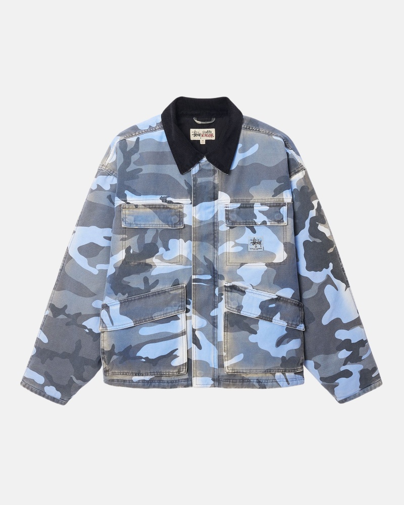 Stüssy Shop Jacket Spray Dye Canvas Long Sleeve Outerwear Unisex Blauw Camo | EW65-T7-YS