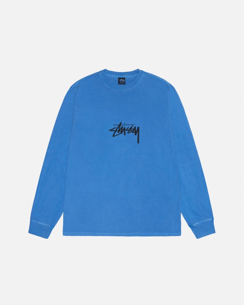 Stüssy Small Stock LS Tee Pigment Dyed Long Sleeve T-Shirt Unisex Blauw | SY67-Z8-HJ