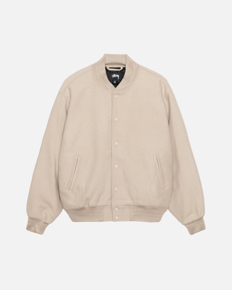 Stüssy Sport Melton Varsity Jacket Long Sleeve Outerwear Unisex Oatmeal | GZ27-Q3-PW