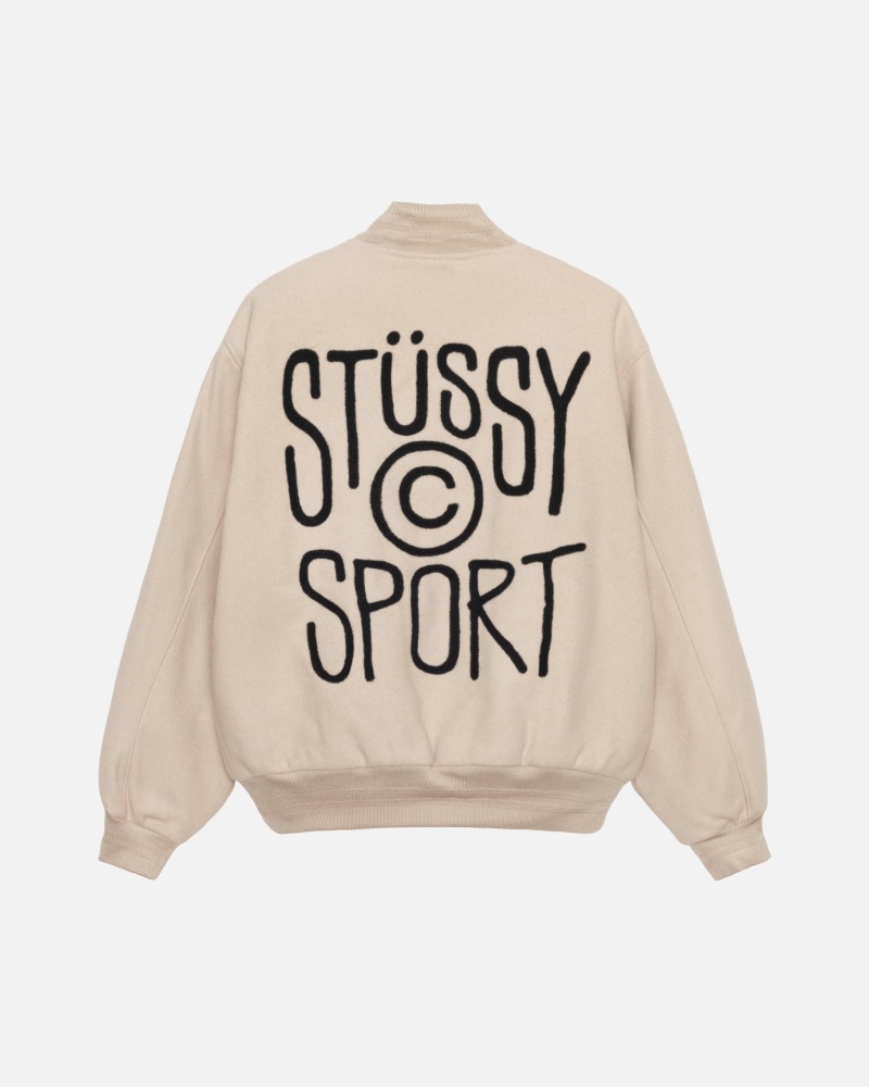 Stüssy Sport Melton Varsity Jacket Long Sleeve Outerwear Unisex Oatmeal | GZ27-Q3-PW