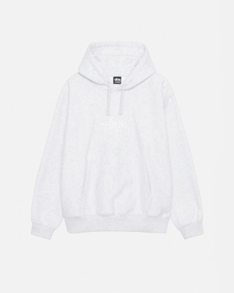 Stüssy Stock Logo Applique Hoodie Long Sleeve Sweatshirt Unisex Ash Heather/White | UR58-U3-NJ