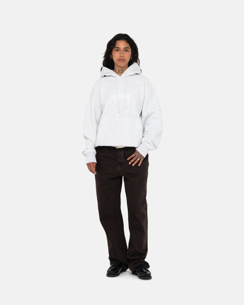 Stüssy Stock Logo Applique Hoodie Long Sleeve Sweatshirt Unisex Ash Heather | VM27-G3-NV