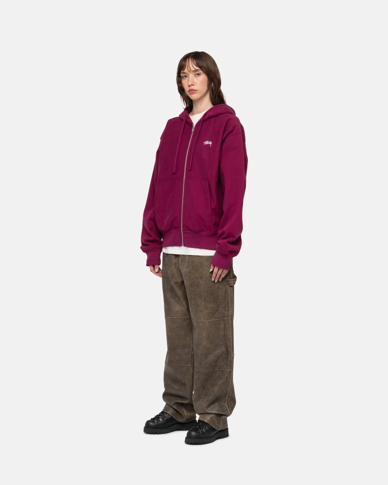 Stüssy Stock Logo Zip Hoodie Long Sleeve Sweatshirt Unisex Bordeaux | BM88-D4-FZ