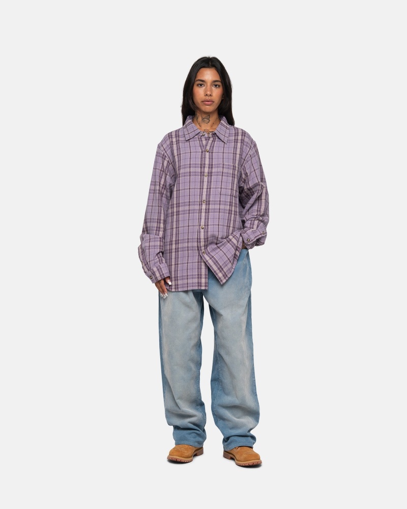 Stüssy Stones Plaid Shirt Long Sleeve Shirt Unisex Lavendel | XJ77-A9-HD