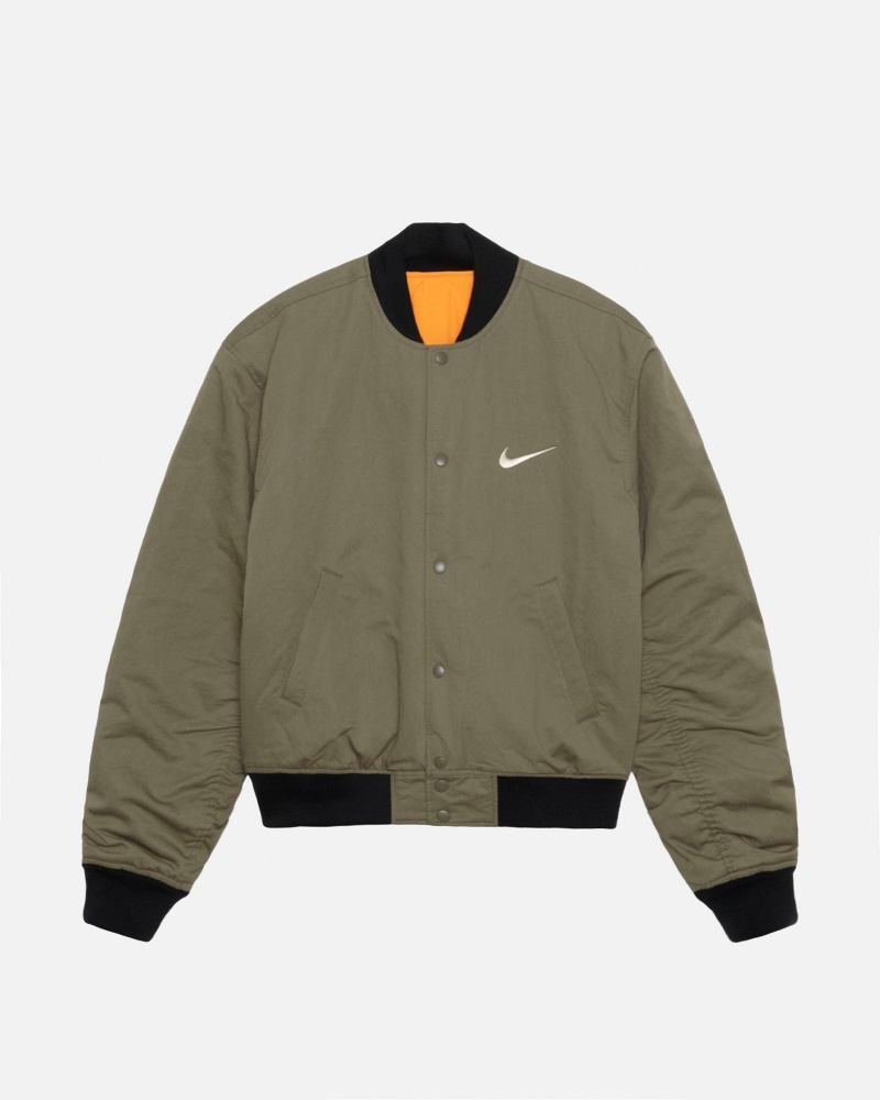 Stüssy & Nike Reversible Varsity Jacket Long Sleeve Jacket Unisex Medium Olive/Bright Mandarin | EE99-Y8-JX