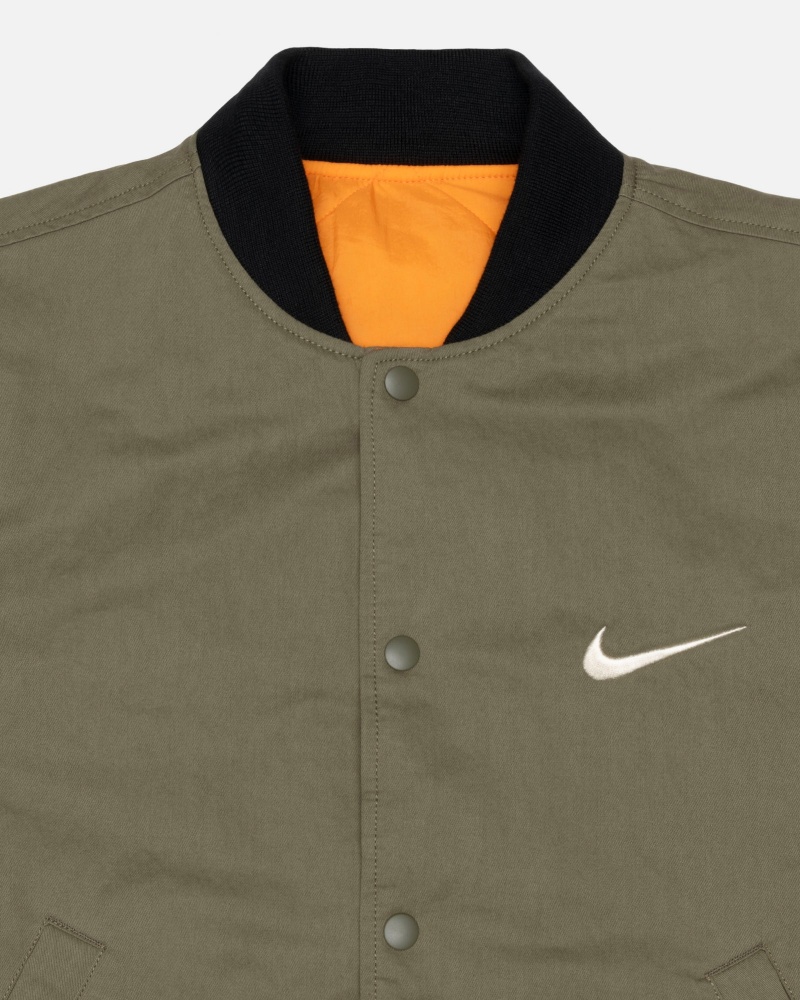 Stüssy & Nike Reversible Varsity Jacket Long Sleeve Jacket Unisex Medium Olive/Bright Mandarin | EE99-Y8-JX