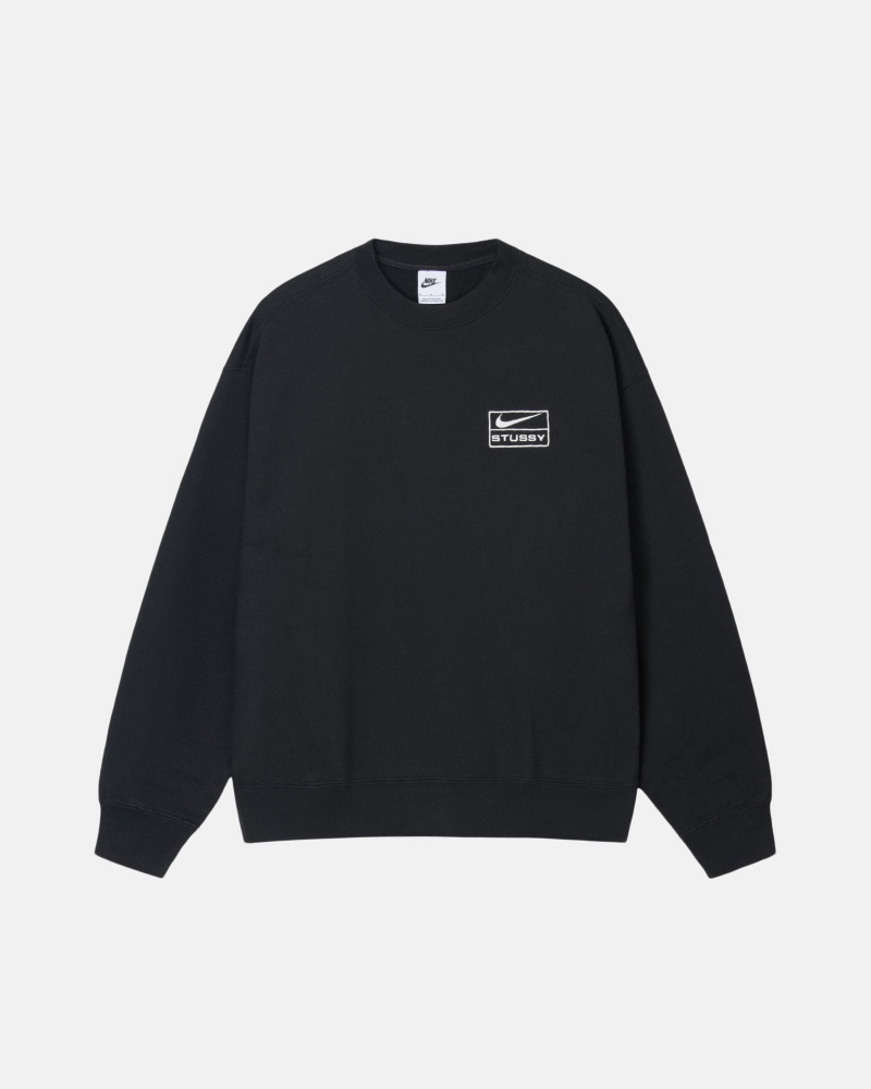 Stüssy & Nike Stone Washed Fleece Crew Long Sleeve Sweatshirt Unisex Zwart | IK44-W7-KN