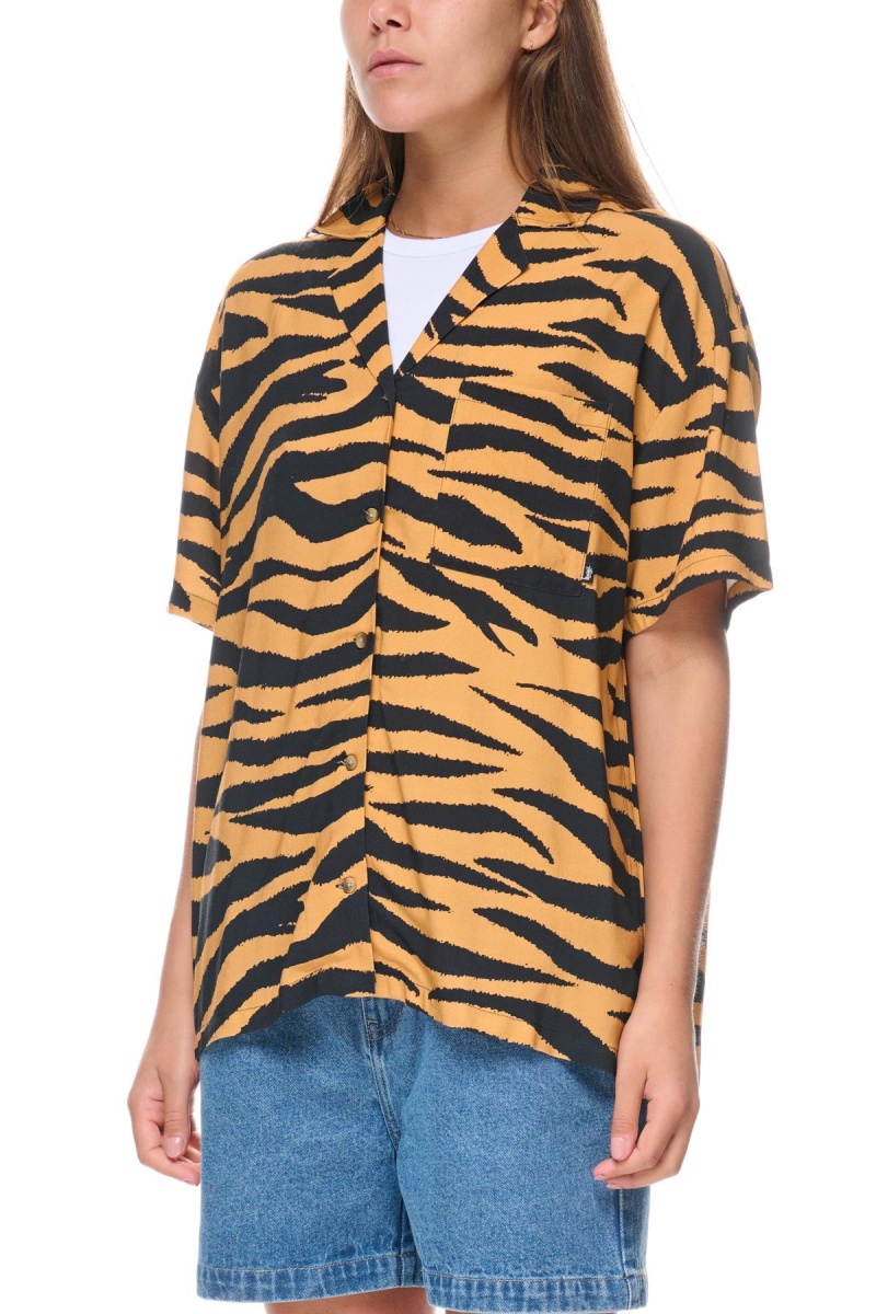 Stüssy Zebra Os Shirt Overhemd Dames Mosterdgeel | PR89-S5-MK